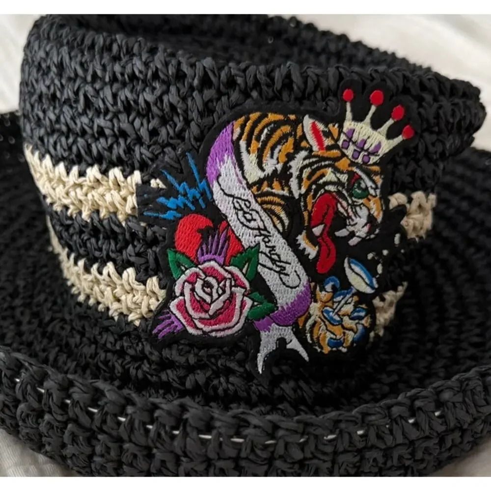 Ed Hardy Black Straw Sun Hat Tiger Embroidered, NEW